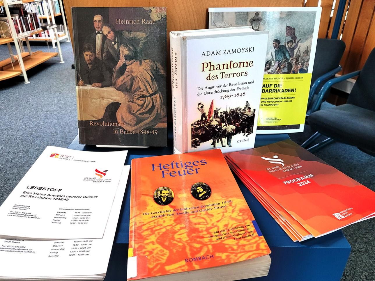 Books from the exhibition in the Rastatt City Library on 175 years of the Baden Revolution