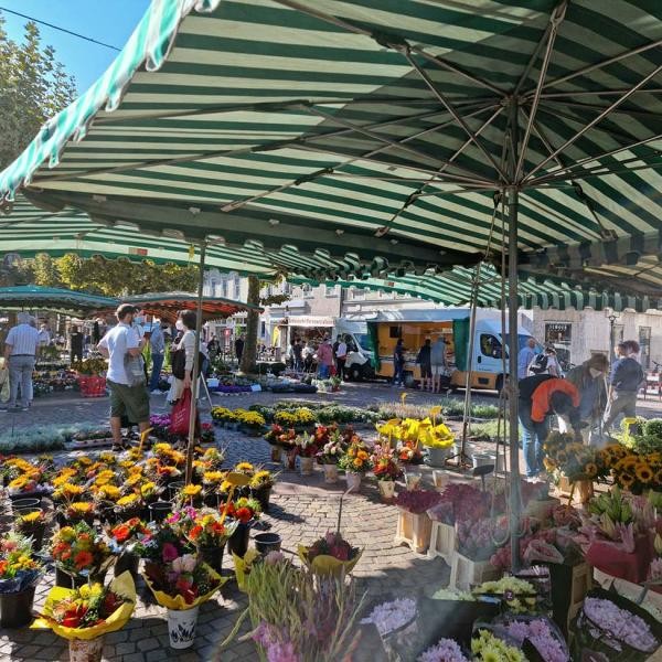 Wochenmarkt in Rastatt auf dem Marktplatz. Foto: Stadt Rastatt/Isabelle Joyon Stände Wochenmarkt Rastatt