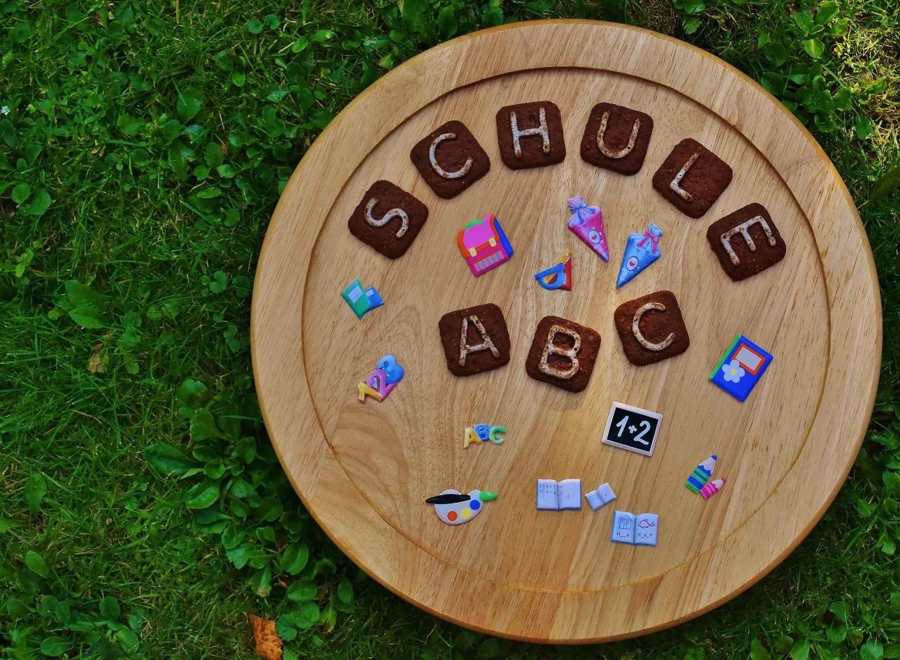 Wooden circle with letters (school - ABC) and sign on it