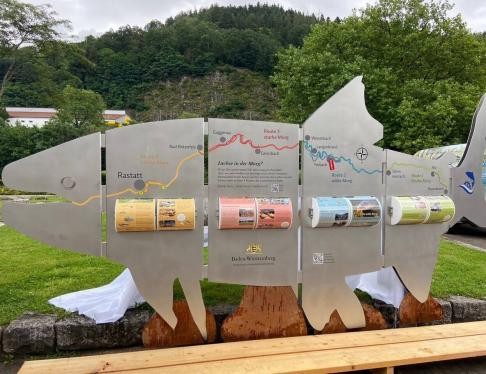 Blick auf die Lachs-Skulptur