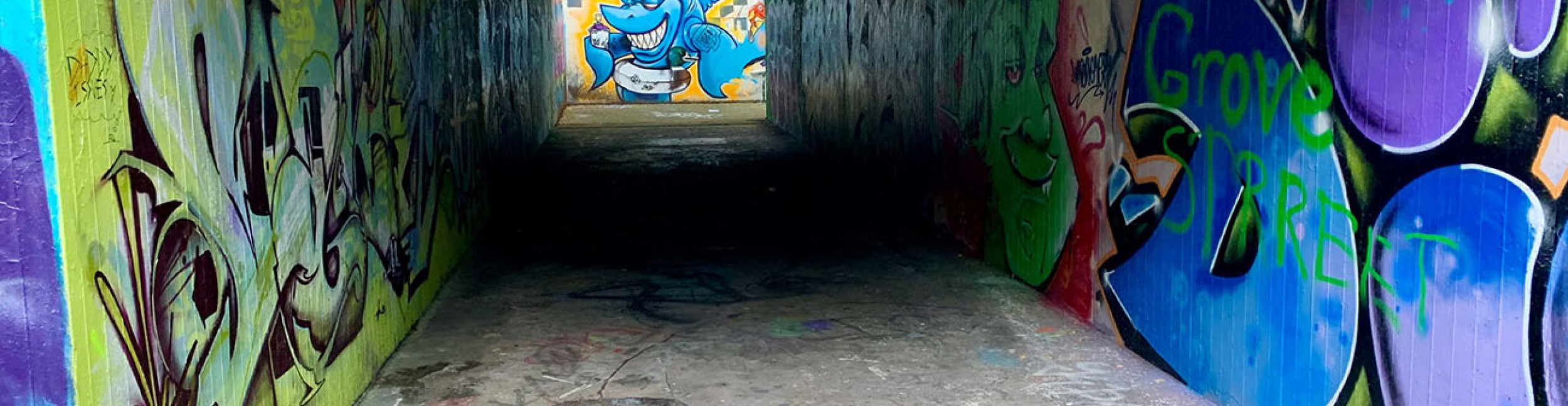 Passage souterrain avec des graffitis colorés sur les murs - lettres, visage vert, requin bleu avec une bouée