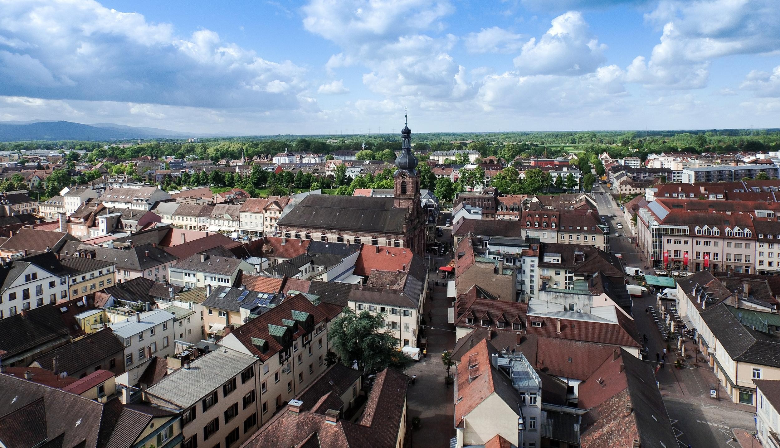 Aerial view downtown Rastatt with houses and church St. Alexander