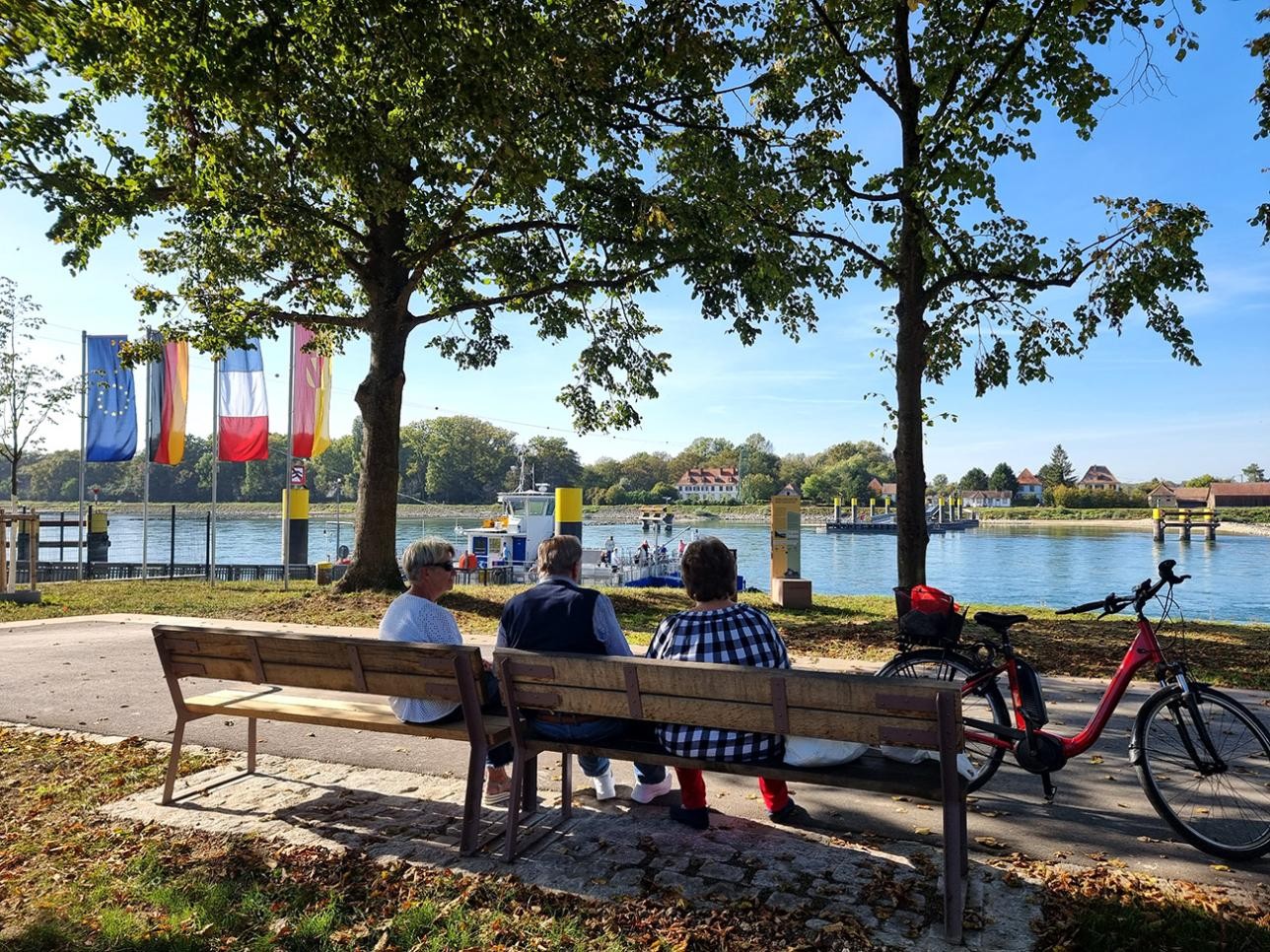 Des retraités assis sur un banc de la promenade du Rhin