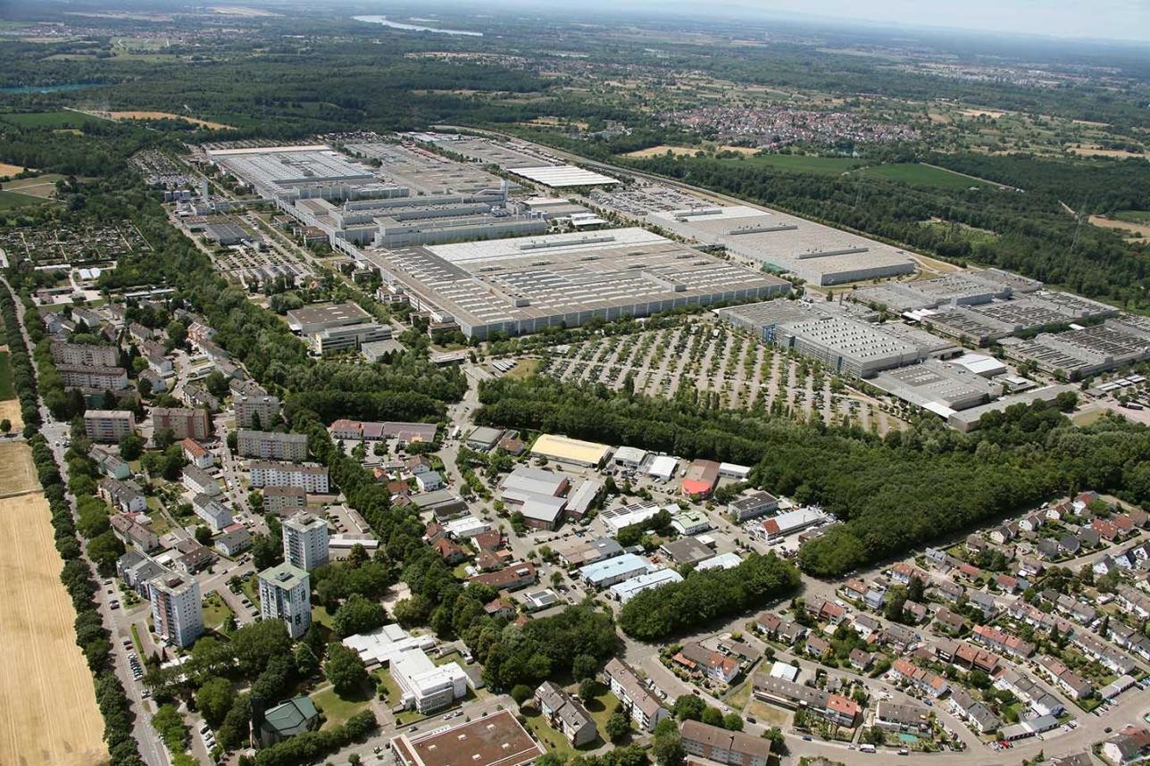 Aerial view industrial park Mercedes Benz plant Rastatt