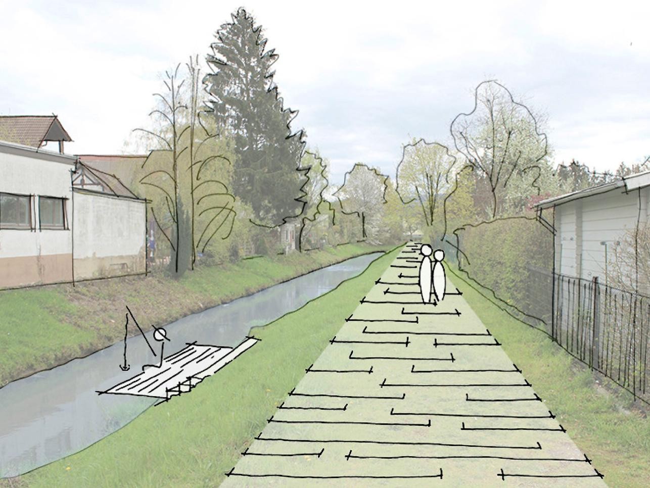 Drawing of planned path at Ooser Landgraben in Niederbühl with brook, bank, people and houses