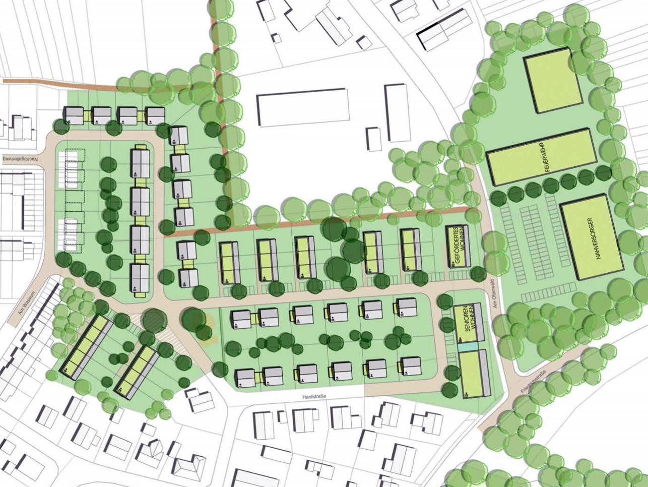 Grafik Gewerbe- und Wohngebiet Ottersdorf: Gerhardt Stadtplaner Architekten Grafik Gewerbe- und Wohngebiet Ottersdorf mit Straßen, Häusern und Bäumen