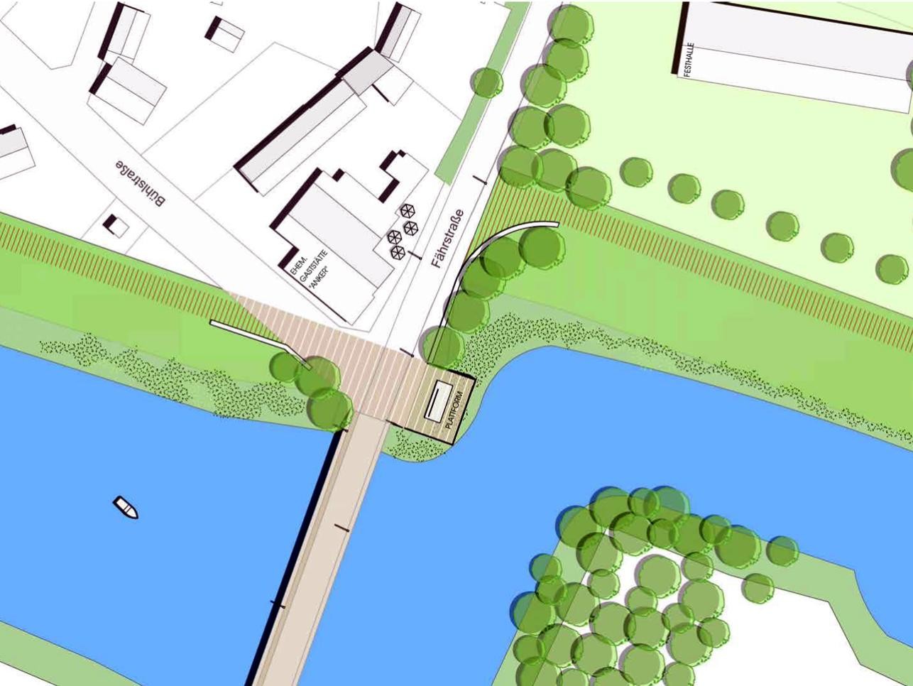 Graphic of Plittersdorf anchor bridge and ferry road with Old Rhine, houses and trees