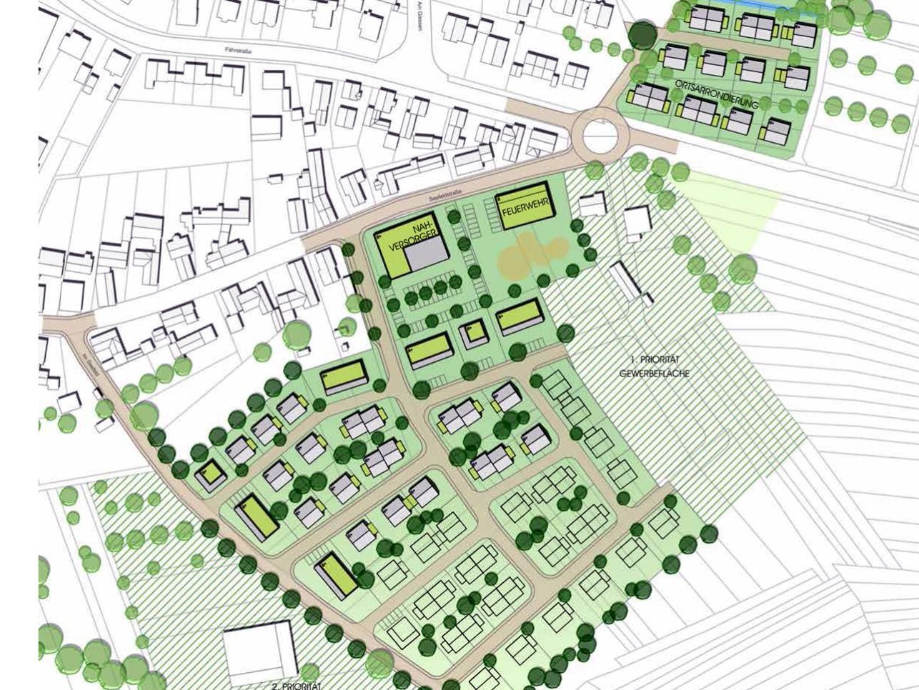 Gestaltungsplan südlicher Ortsrand Plittersdorf mit Straßen, Bäumen und Häusern