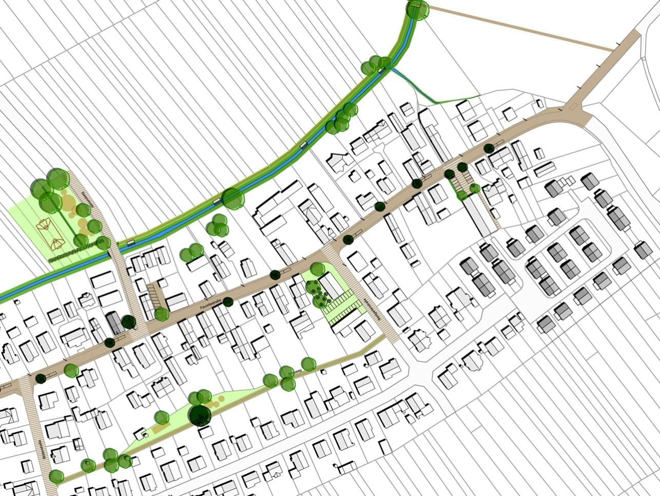 Die Favoritestraße in Förch soll neu gestaltet werden. Quelle: Gerhardt.stadtplaner.architekten Plan der neuen Favoritenstraße in Förch mit Feldern, Häusern und Bäumen