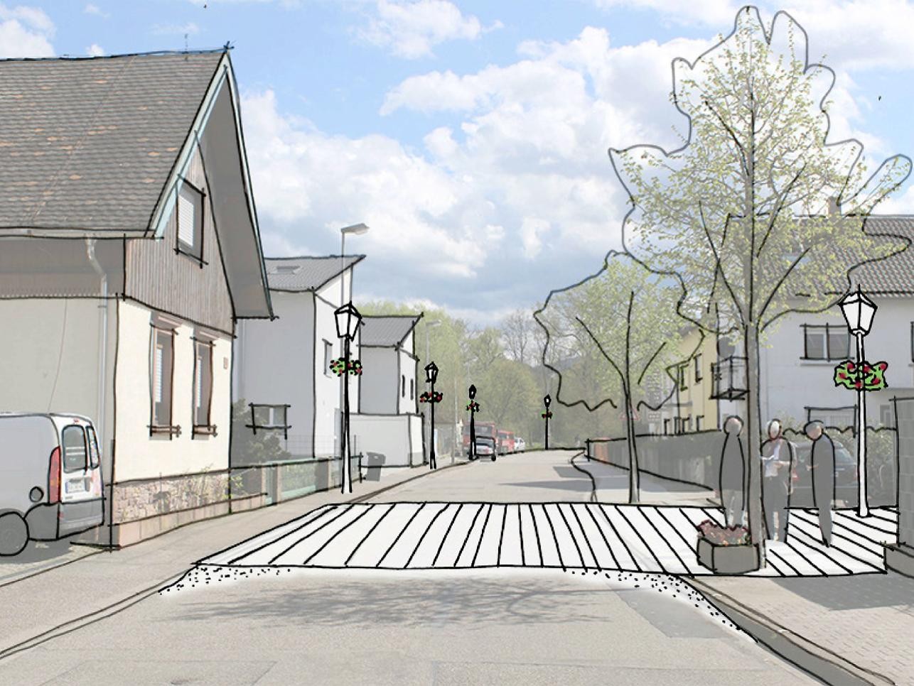 Die Favoritestraße in Förch soll neu gestaltet werden. Quelle: Gerhardt.stadtplaner.architekten Zeichnung neue Favoritestraße in Förch mit Häusern einem Zebrastreifen und Bäumen