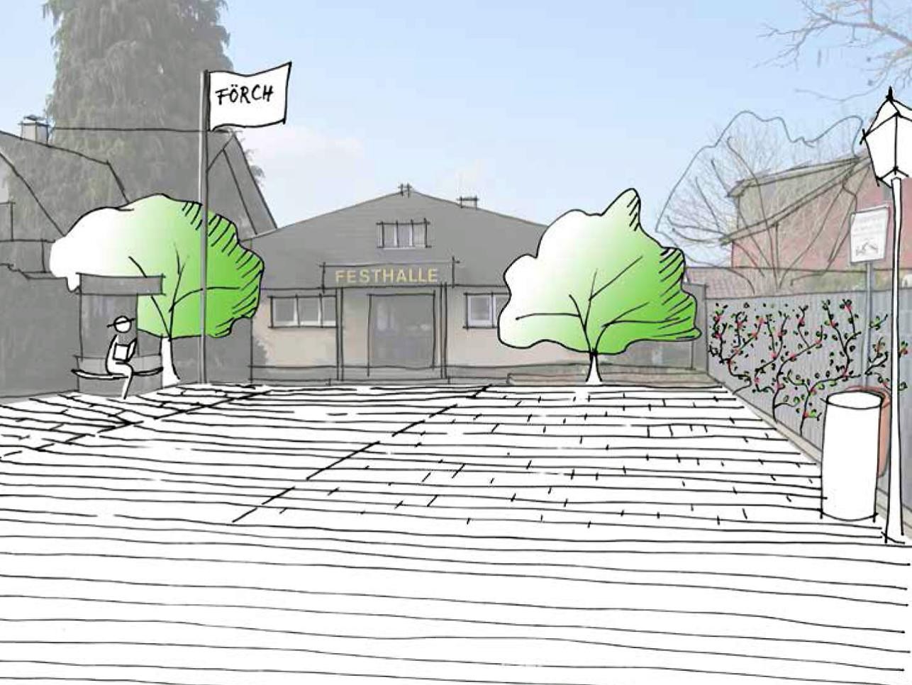 Der Vorplatz der Festhalle Förch soll neu gestaltet werden. Quelle: Gerhardt.stadtplaner.architekten Zeichnung Festhalle in Förch mit Bäumen davor