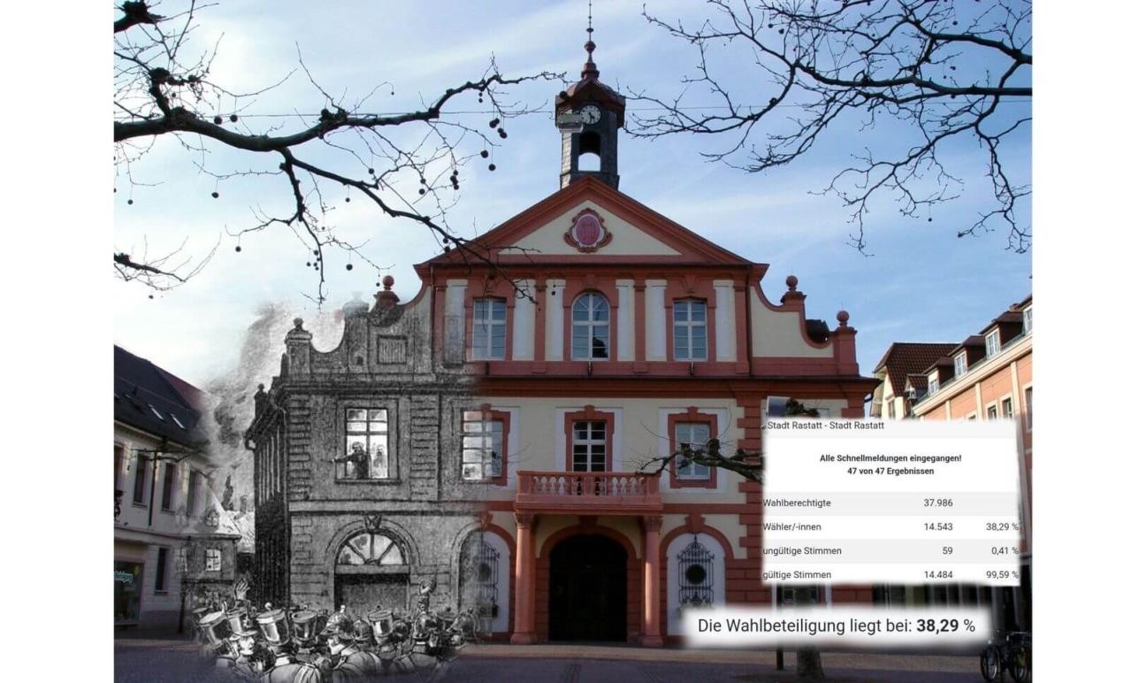 Fotocollage Rathaus Rastatt heute und früher