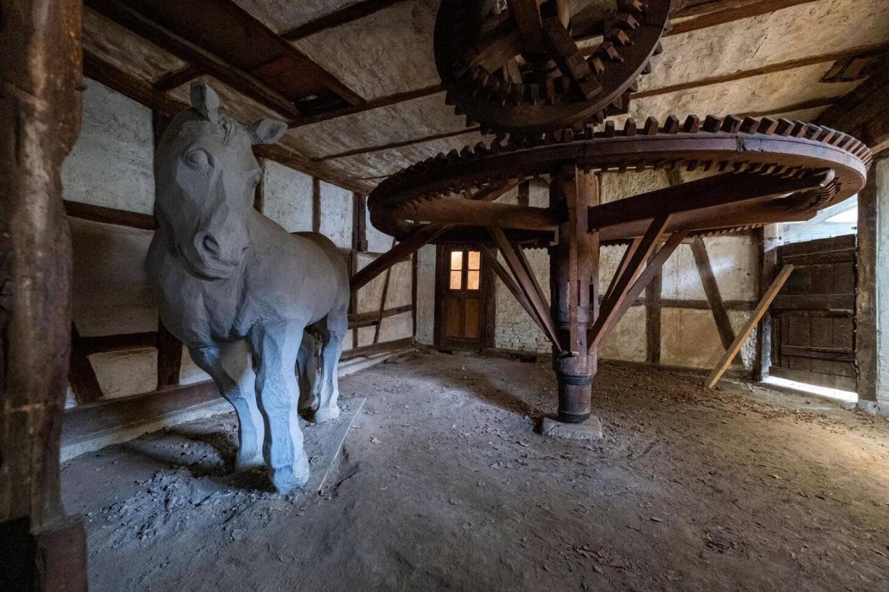 Die Ölmühle aus dem 18. Jahrhunderte diente den damaligen Bewohnern des Hauses Am Kirchplatz 6 als wichtiger Nebenerwerb. Foto: Oliver Hurst Alte Mühle im Riedmuseum mit Mühlstein und großen Mahlwerk