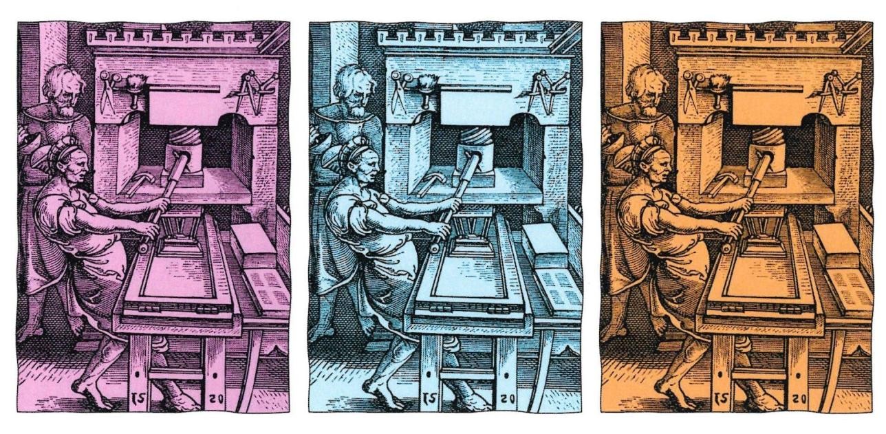 Am Oberrhein entstanden im 15. Jahrhundert viele Druckwerkstätten, in denen Druckpressen im Einsatz waren. Kollage: erstellt von Ute Luber/Stadt Rastatt Kollage Druckpressen