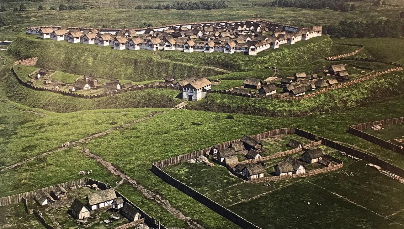 Die digitale Rekonstruktion der Heuneburg in Oberschwaben zeigt eine bedeutende befestigte keltische Siedlung. In der Hallstadtzeit um 600 v. Chr. entstand hier ein sogenannter Fürstensitz. Dicht gedrängt lebten die Bewohner auf dem Plateau.