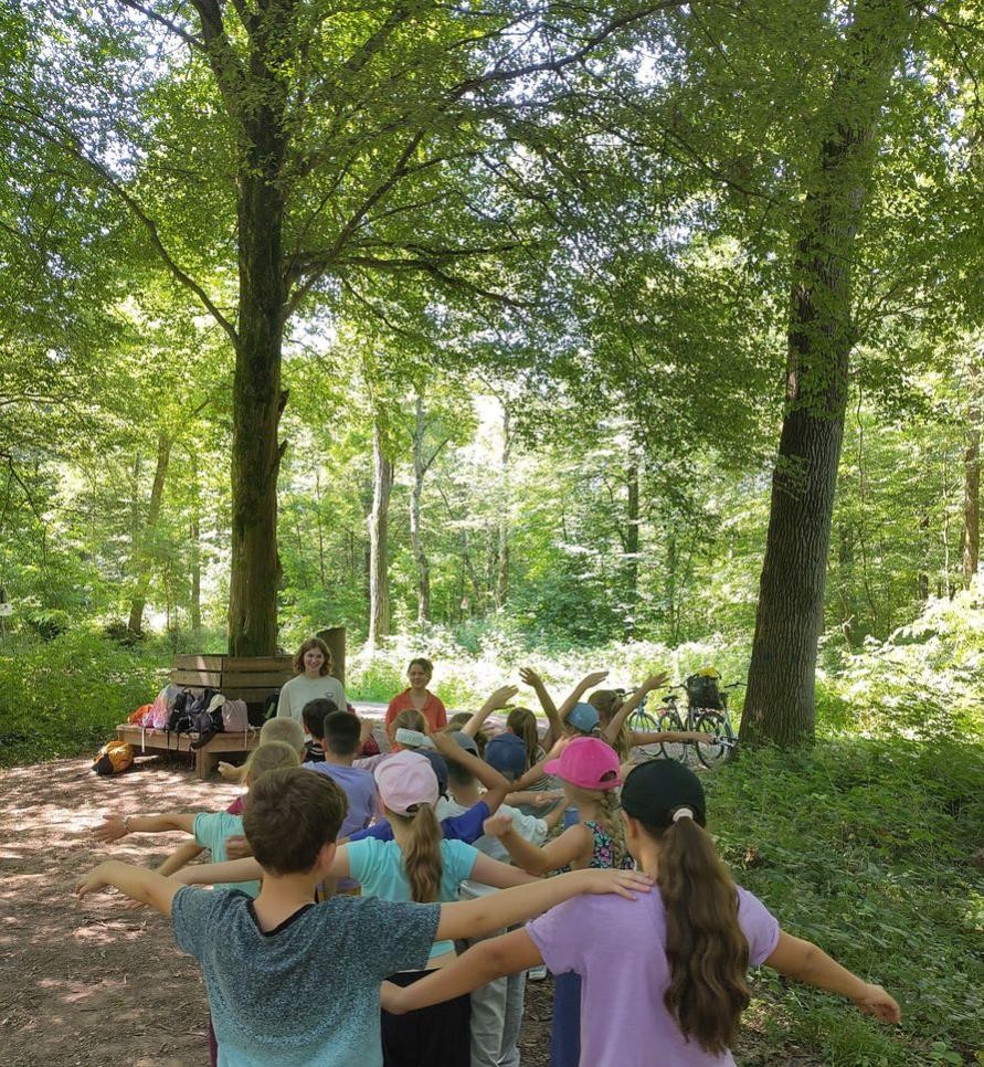 Unterricht zum Anfassen: Den Wald mit allen Sinnen erfahren und nebenbei noch eine Menge lernen konnten Drittklässler der Hansjakobschule bei ihrem Naturerlebnistag im Ötigheimer Wald, betreut von den beiden FÖJlerinnen der Stadt Rastatt Emma Hügel (hinten links) und Freya Wernicke (hinten rechts). Foto: Peggy Engelmann / Stadt Rastatt. Drittklässler der Hansjakobschule bei ihrem Naturerlebnistag im Ötigheimer Wald