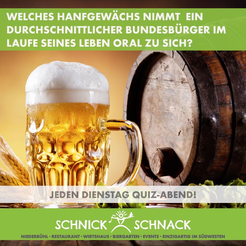 Plakat zum Quizzabend im Schnick-Schnack mit Bierkrug und Bierfass
