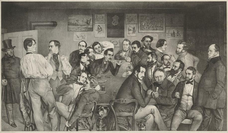 Historisches Bild von einer Gruppe von Männern die beieinander sitzen und rauchen und trinken