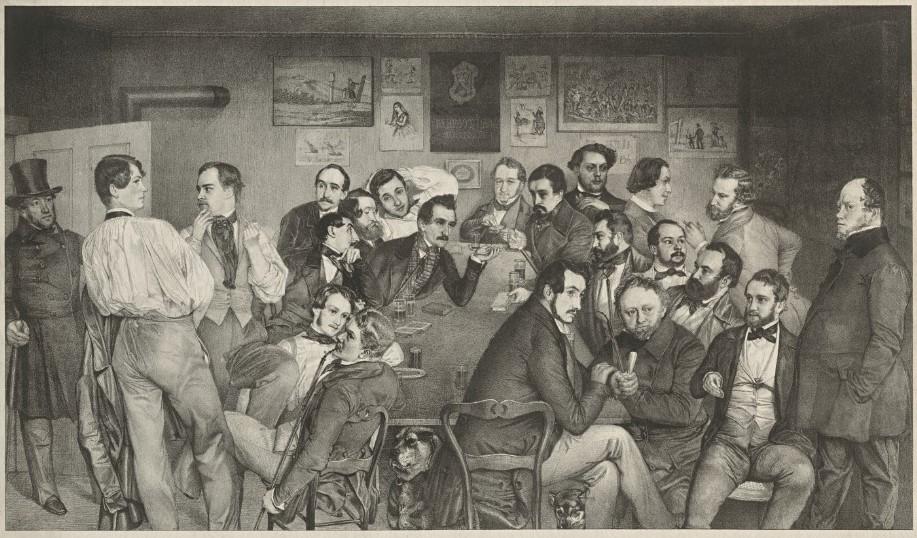 August Bootz, Gesellschaft Gewölbe, Lithographie um 1845, Stadtarchiv Rastatt, Foto: Stadtmuseum Rastatt gesellige Männerrunde stehend und sitzend, die miteinander diskutieren in einem Zimmer