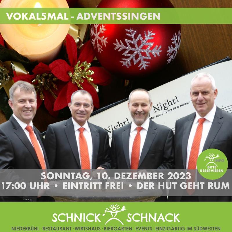 Adventssingen im Schnick-Schnack am 10.12.23 Plakat mit vier Männern in Anzügen