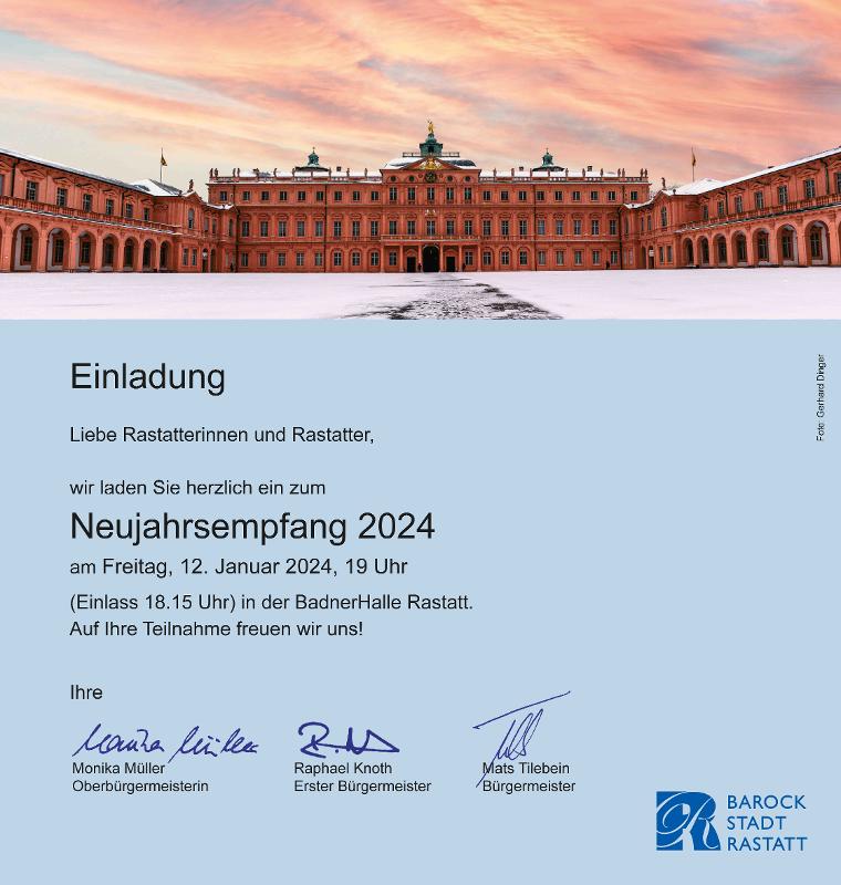 Einladungsanzeige mit Bild des Residenzschlosses, gezeichnet OB Müller und die Bürgermeister Knoth und Tilebein.