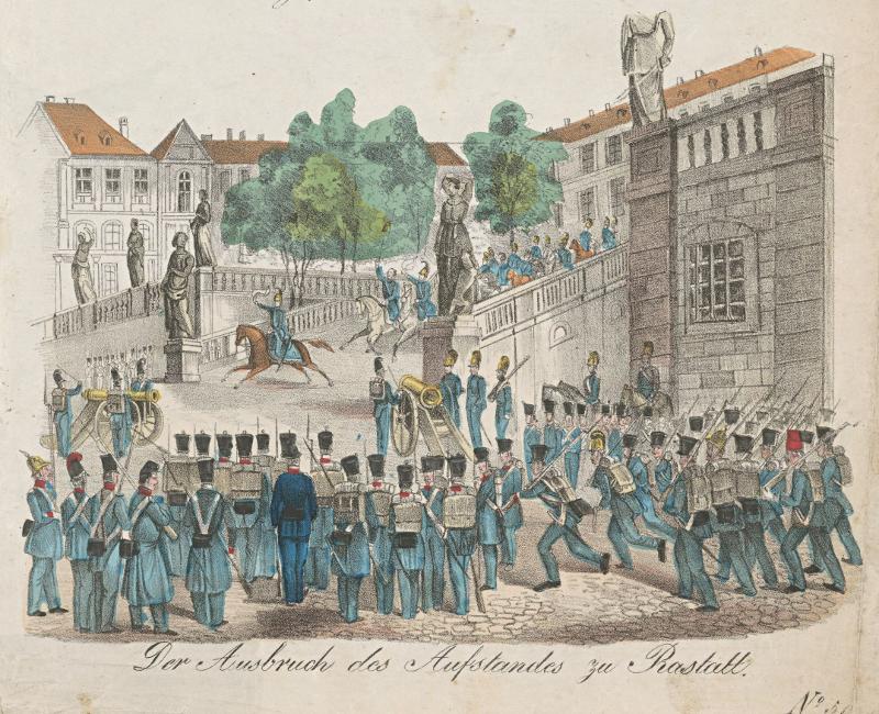 farbige Grafik vom Aufstand im Schlosshof Rastatt
