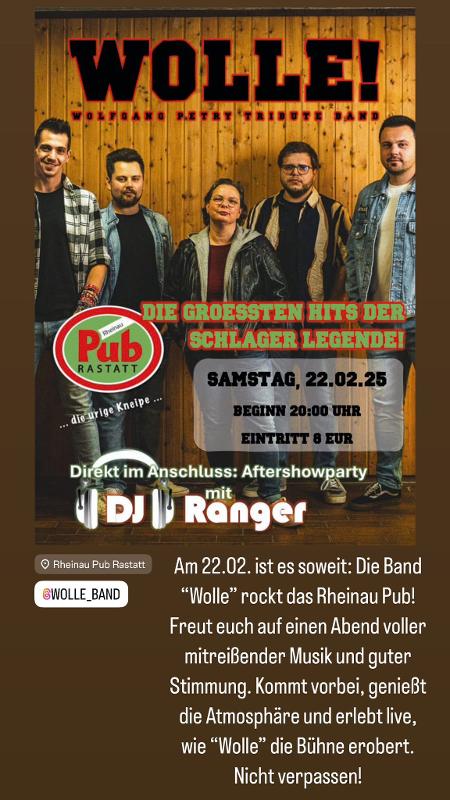 Plakat: Live Musik - WOLLE! – Die Wolfgang Petry Tribute Band, 22.02. im Rheinau PUB