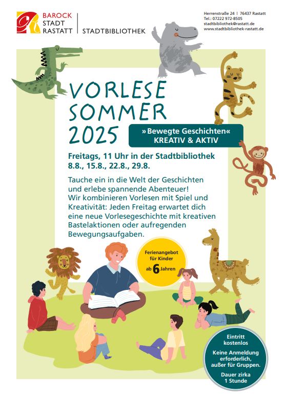 Flyer Vorlesesommer. Kinder sitzen im Kreis um eine Person, die vorliest.