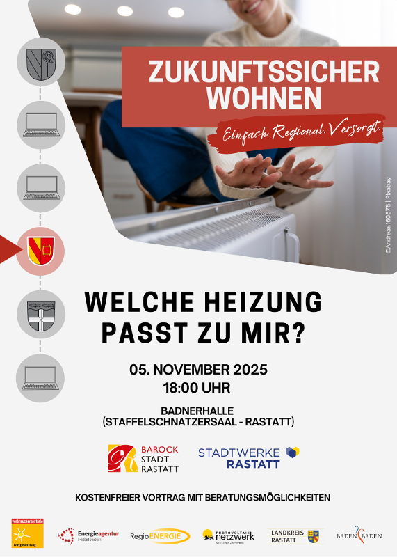 Plakat zur Veranstaltung "Welche Heizung passt zu mir." 5. November, Badner Halle Plakat zur Veranstaltung "Welche Heizung passt zu mir." 5. November, Badner Halle