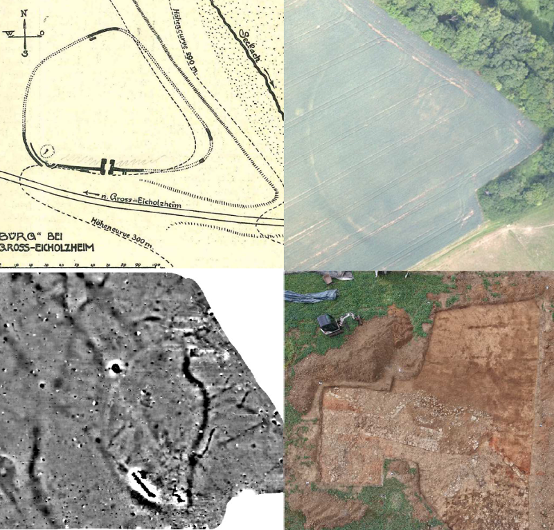 Blick auf eine Ausgrabung bei Seckach-Großeichholzheim, Plan, Luftbild und Prospektion