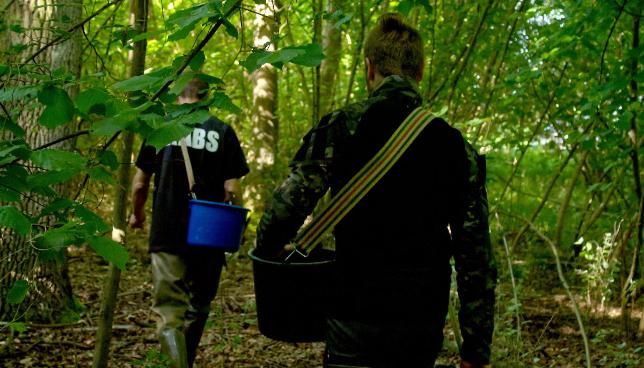 Zwei KABS-Mitarbeitende sind im schattigen Auwald unterwegs.