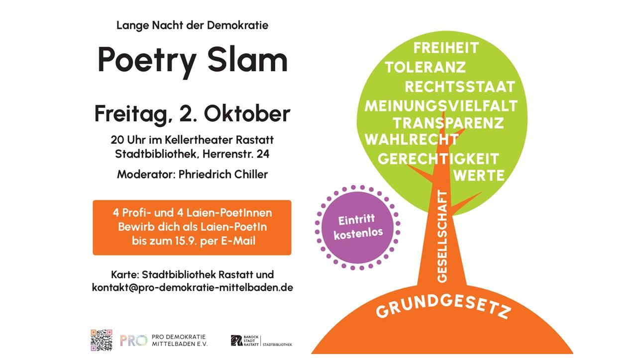 Plakat mit der Ankündigung eines Poetry Slams zur Demokratie im Rahmen der Langen Nacht der Demokratie am 2. Oktober