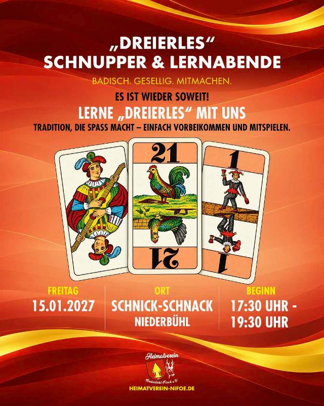 "Dreierles" – Schnupper- und Lernabende, Plakat: Heimatverein Niederbühl-Förch e. V.
