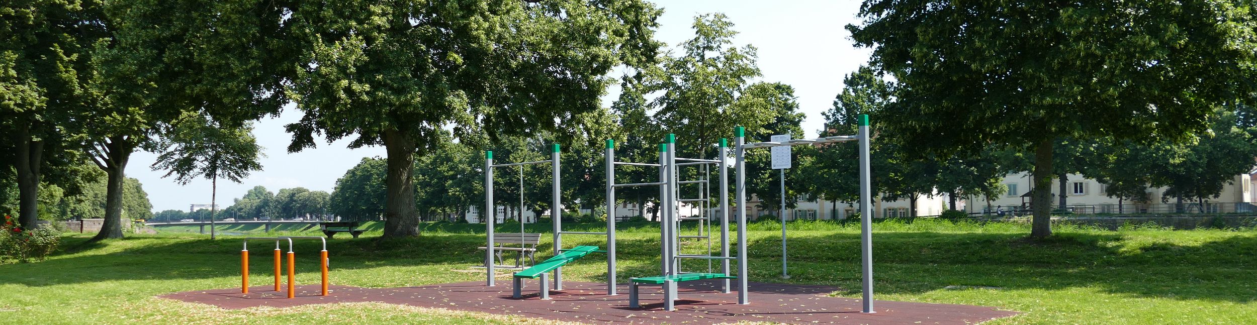 Calisthenics facility on a meadow, consist of several devices with bars, in the background trees and houses