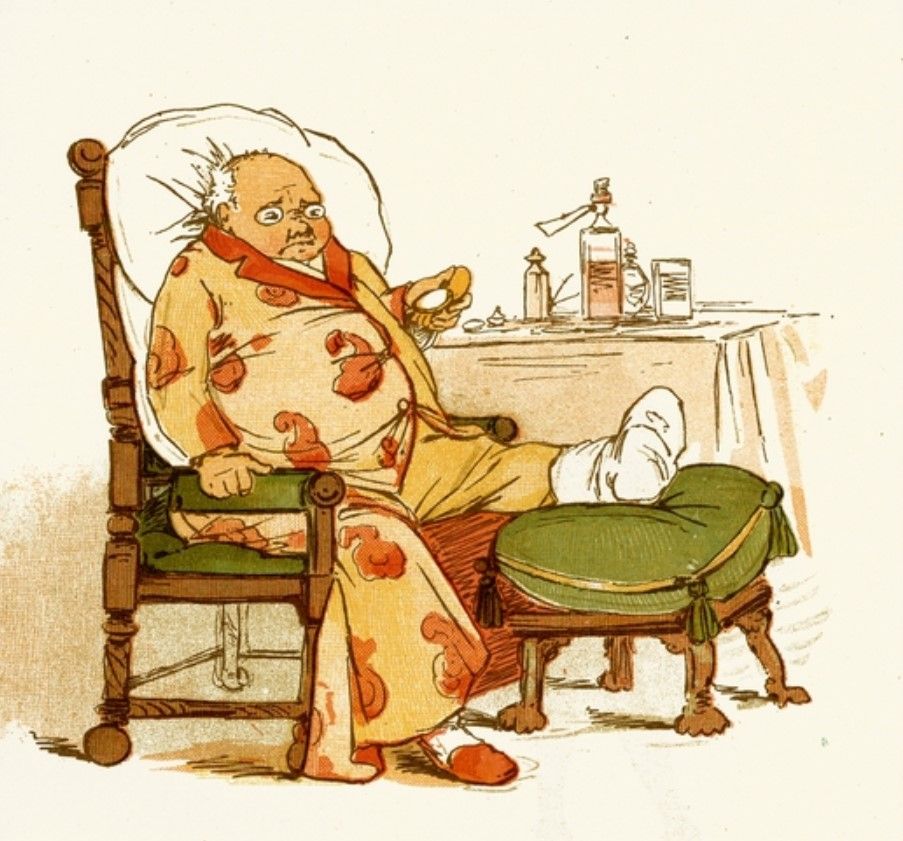 Der „krumme Fuß“ – Direktor Josef Scharpf, nach einer Illustration von Rosina Emmet (London 1880), zu sehen in der Historischen Bibliothek. Mann sitzt im Stuhl und streckt Fuß auf kleinen Sessel auf