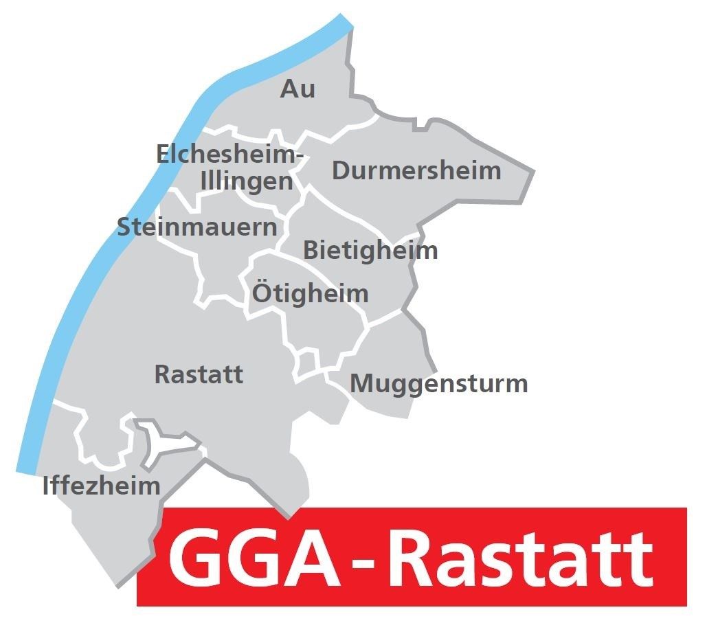 Zuständigkeitsbereich gemeinsamer Gutachterausschuss Rastatt. Foto: Geschäftsstelle / Gutachterausschuss. Karte des Zuständigkeitsbereichs des gemeinsamen Gutachterausschusses Rastatt