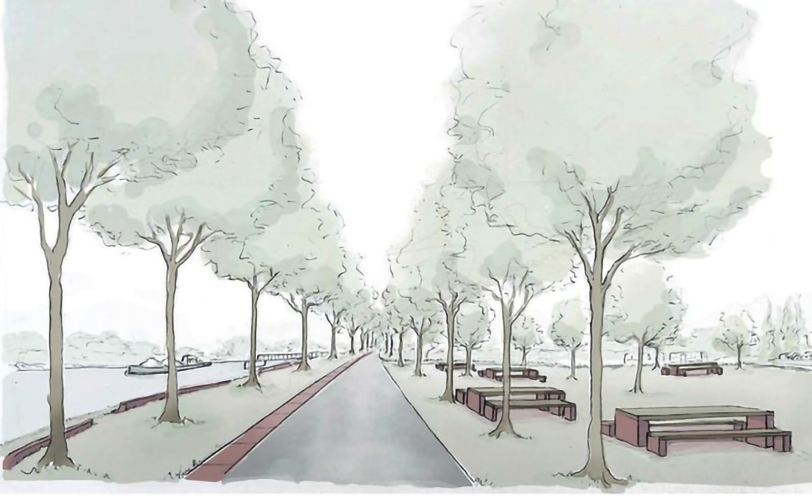 Dessin d'une nouvelle zone riveraine sur la promenade du Rhin à Plittersdorf. Des arbres bordent un chemin et des bancs